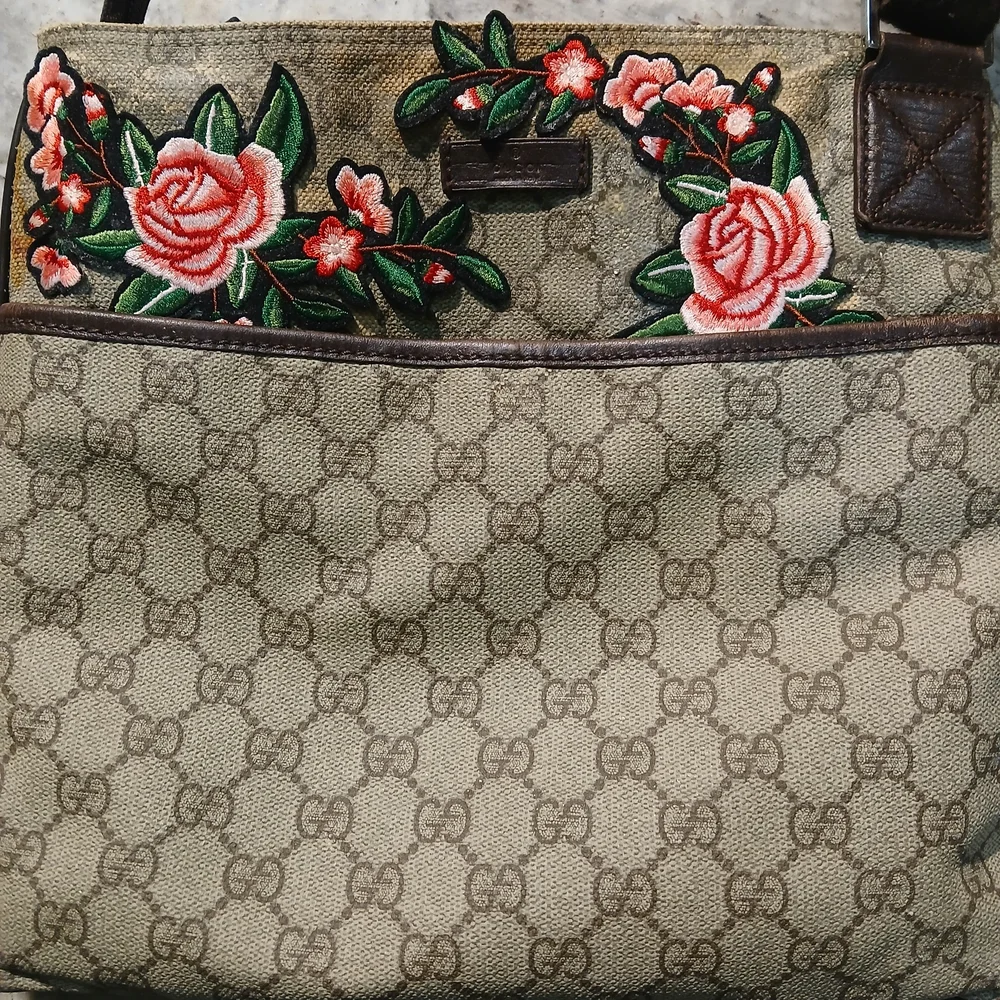 Floral Embroidered Gucci Canvas Crossbody Bag - Brown/Tan - Picture 2 of 16